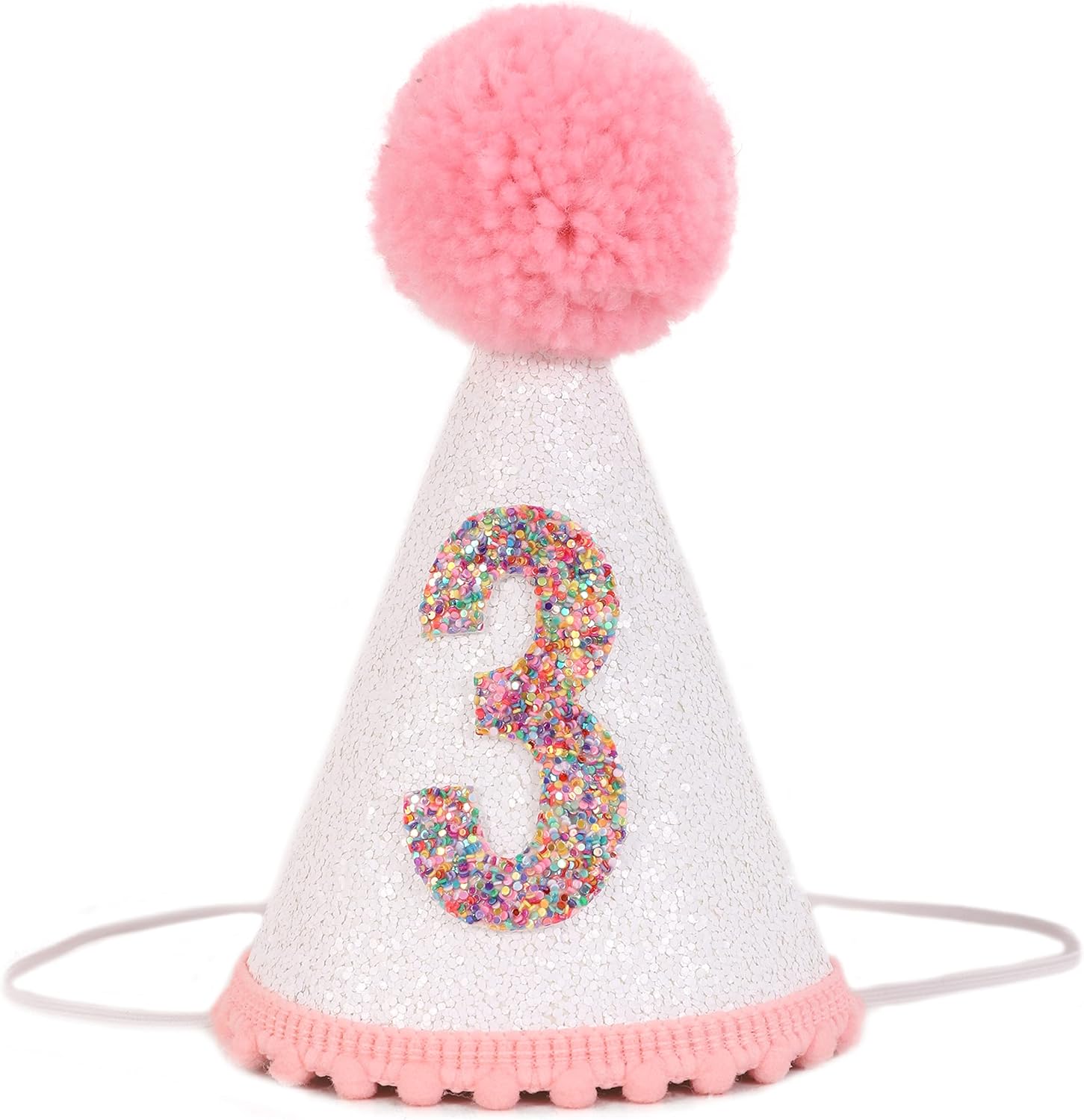 Pink Glitter Birthday Hat with Pom Toppers for Girls
