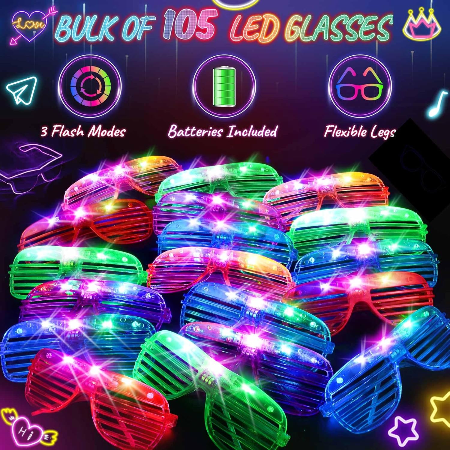 HONLYNE 105 PCS LED Glasses Neon Party