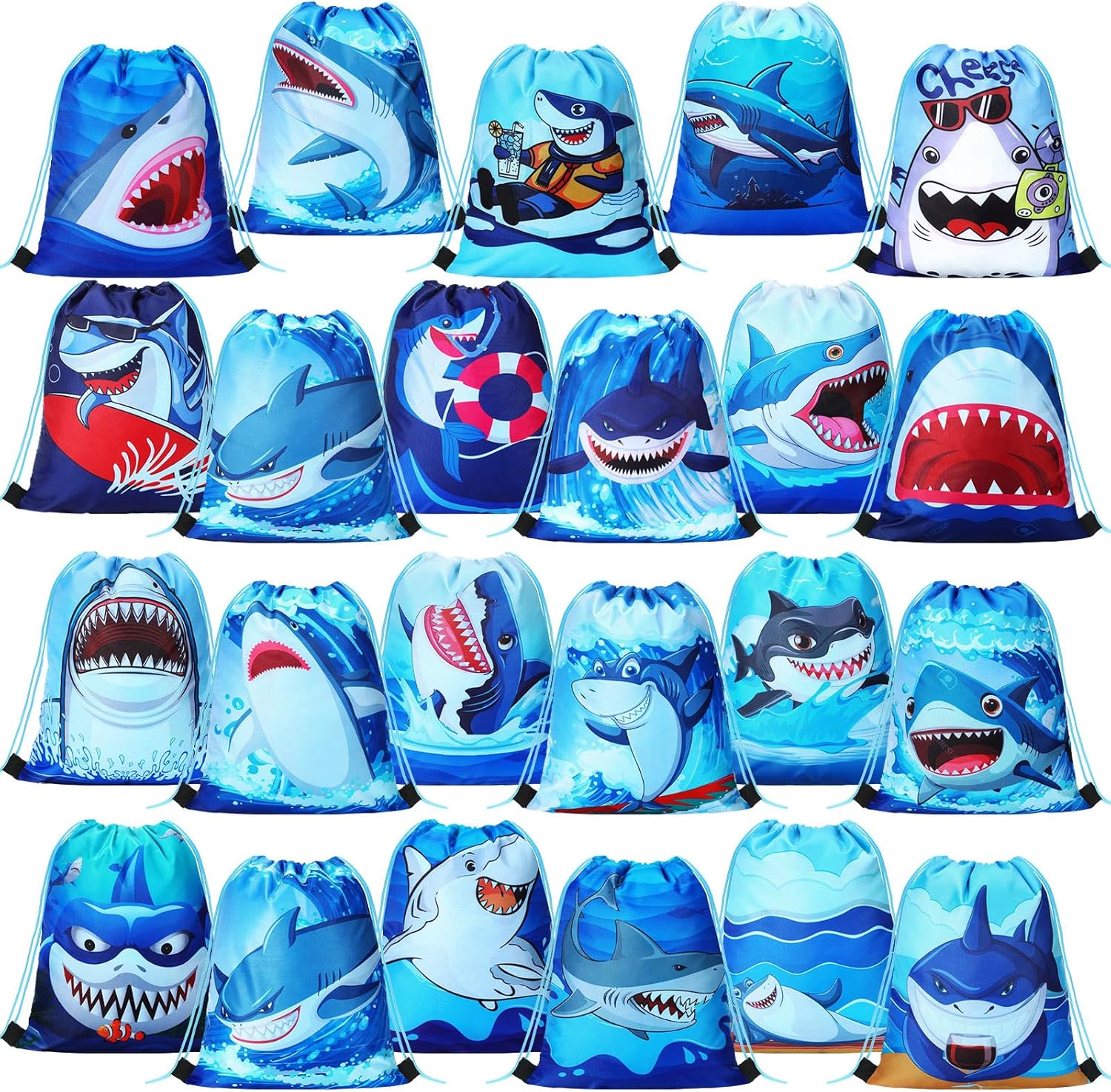 Marsui 24 Pcs Shark Drawstring Bags for Kids Summer Party