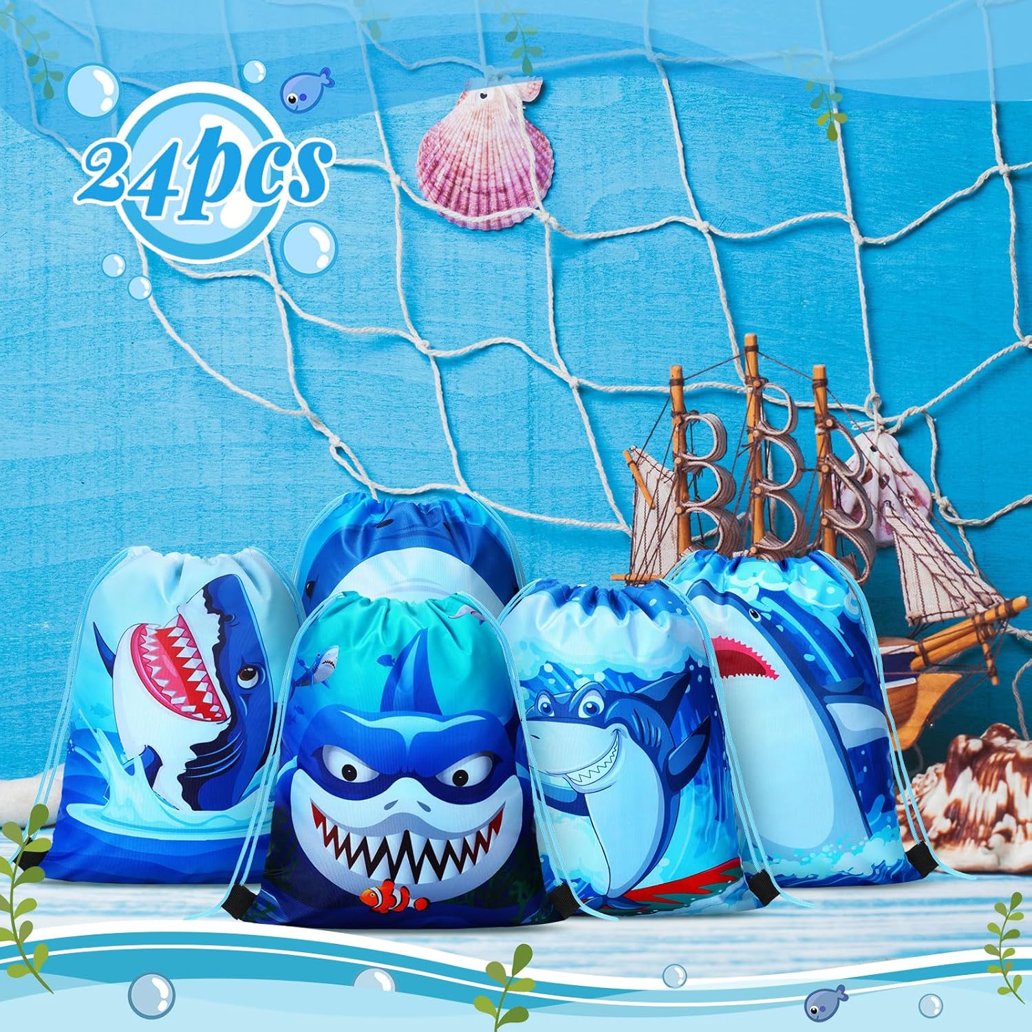 Marsui 24 Pcs Shark Drawstring Bags for Kids Summer Party