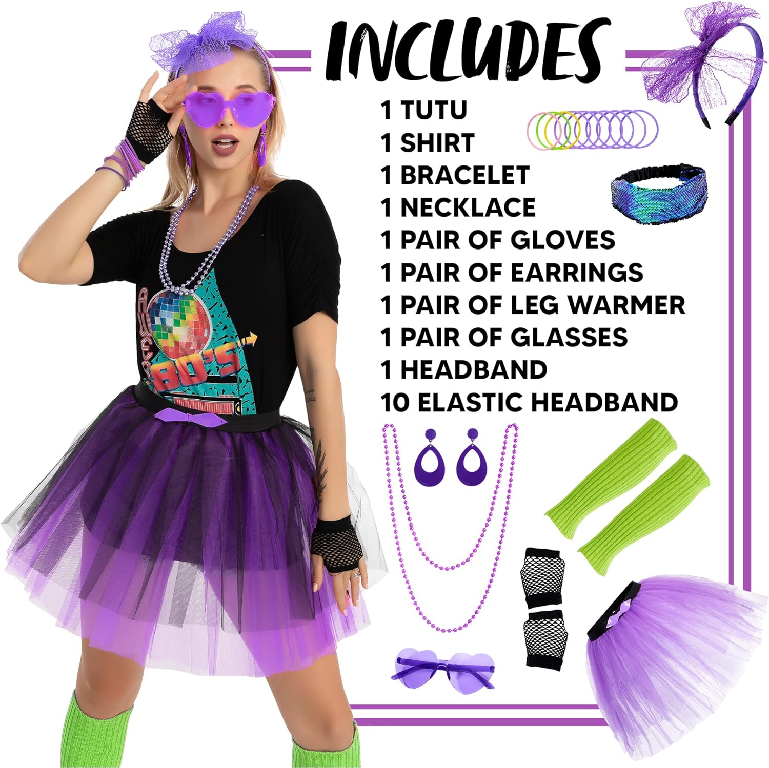 Purple 80s Costume Set with Tutu Headband and Accessories