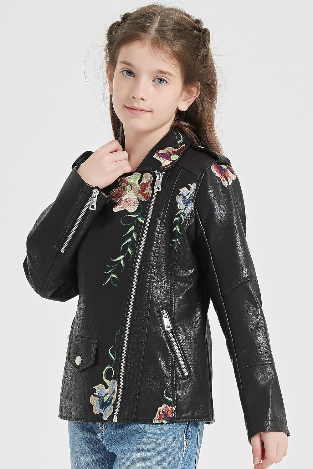 Giolshon 2024 Fall Girls PU Leather Jacket for Kids