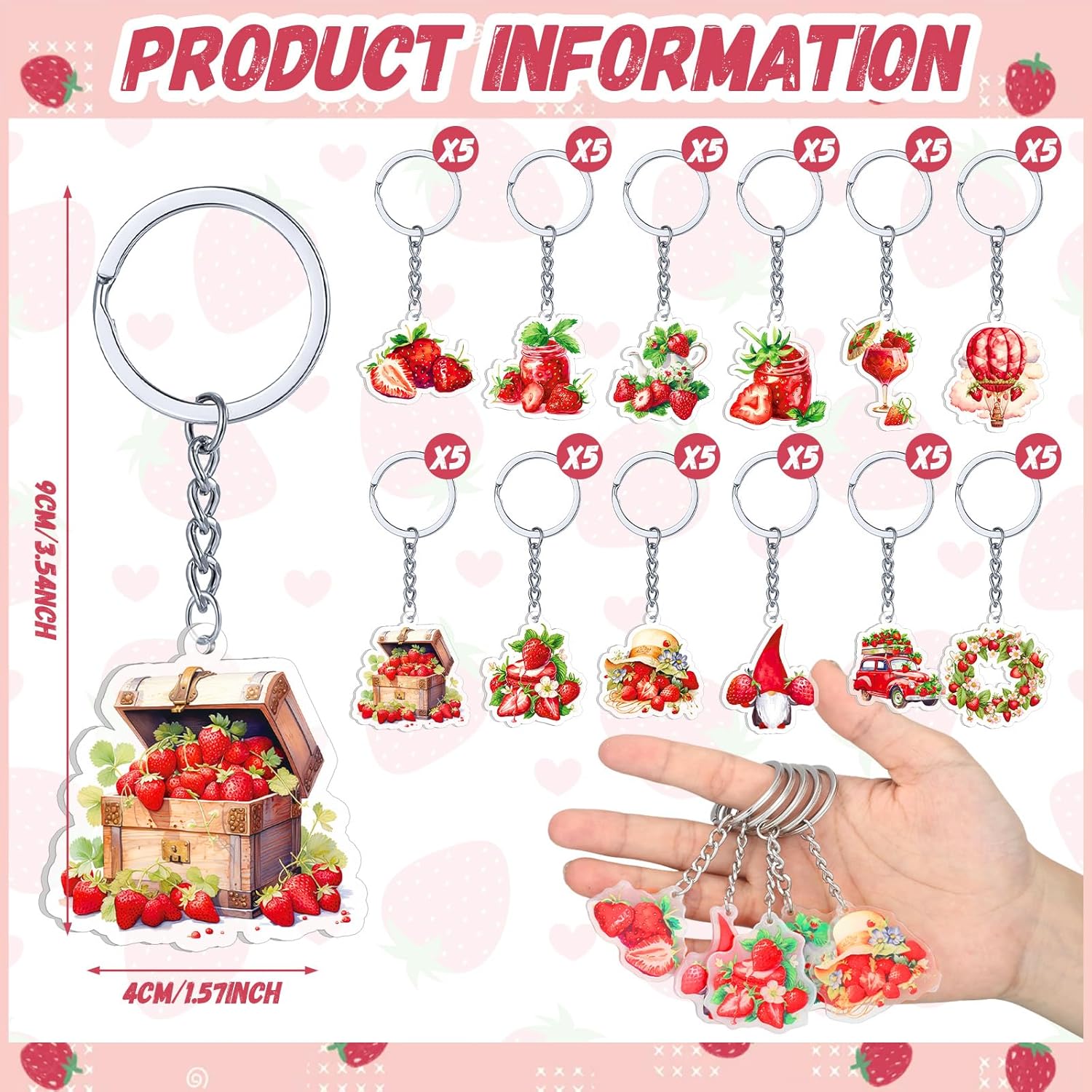 Kigeli 60 Pcs Strawberry Keychains for Kids and Adults