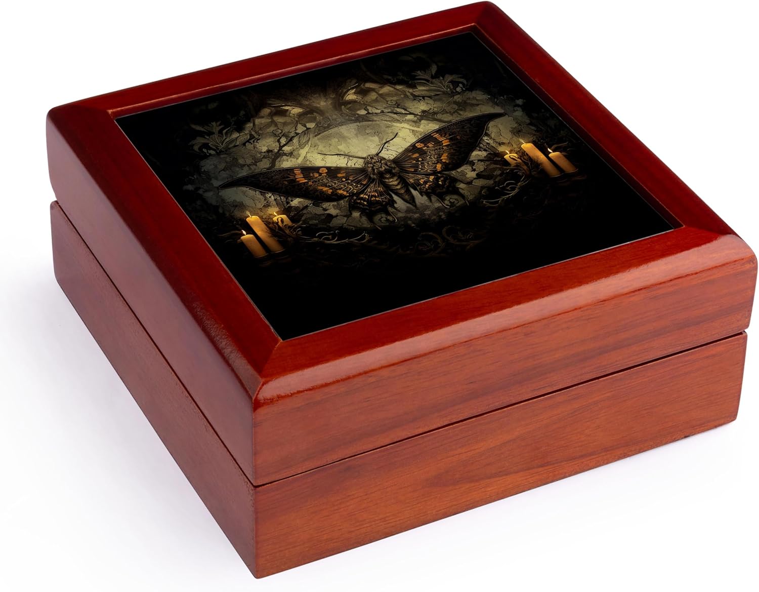 Gothic Moth Jewelry Box with Glowing Candles Design