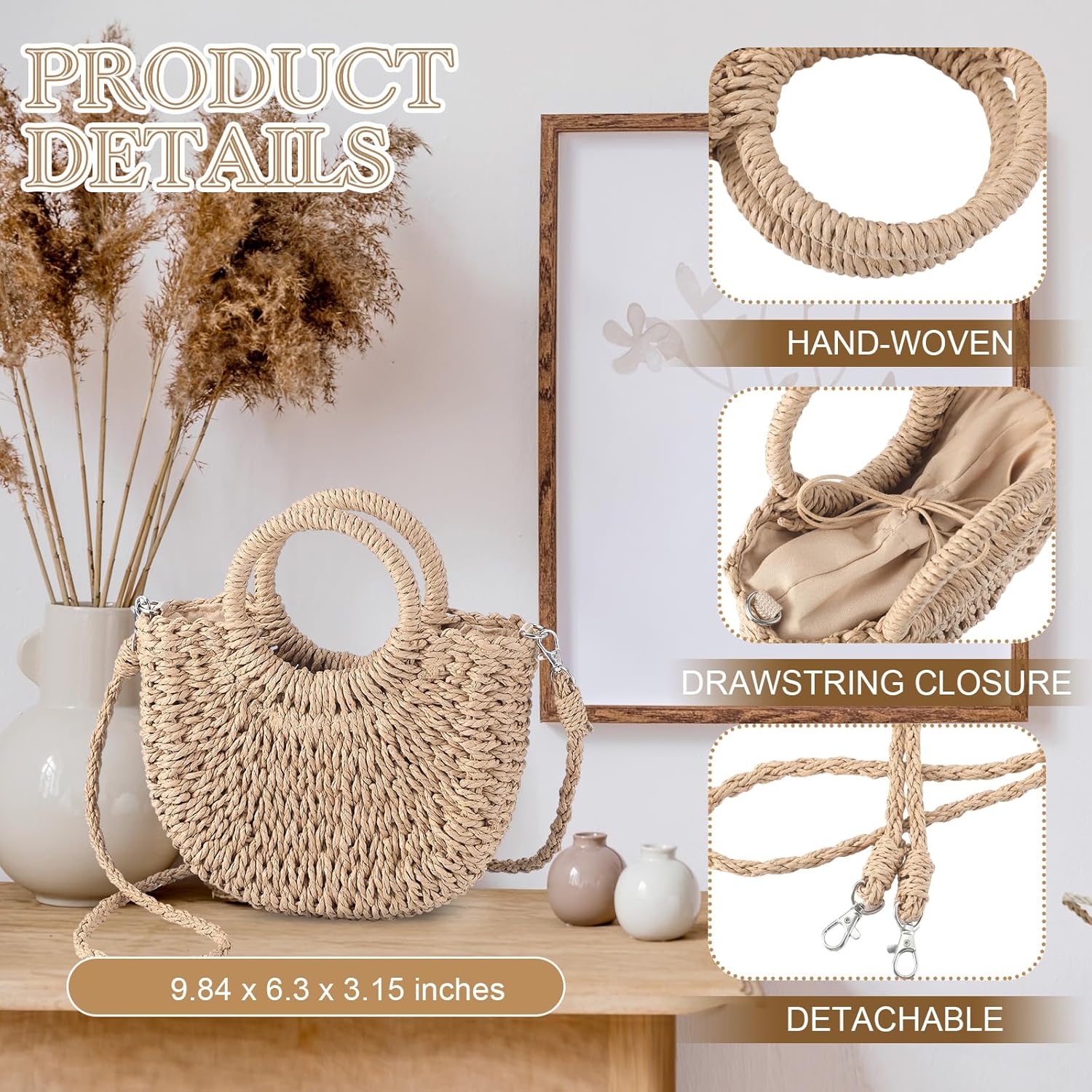 Oudain 12 Pcs Semi Wedding Straw Bags with Handles