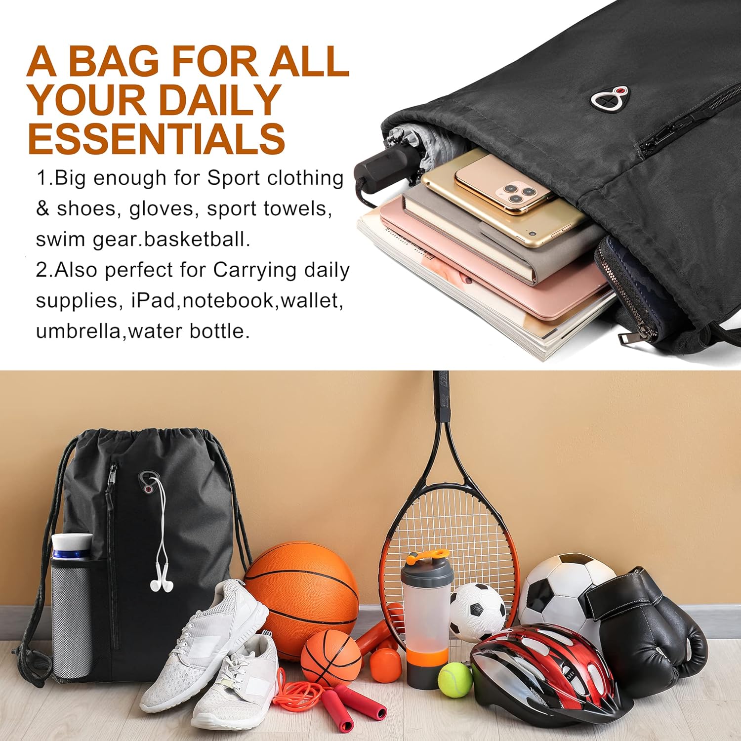 BeeGreen Drawstring Backpack Gym Bag with Shoe Compartment and Two Water Bottle Holders