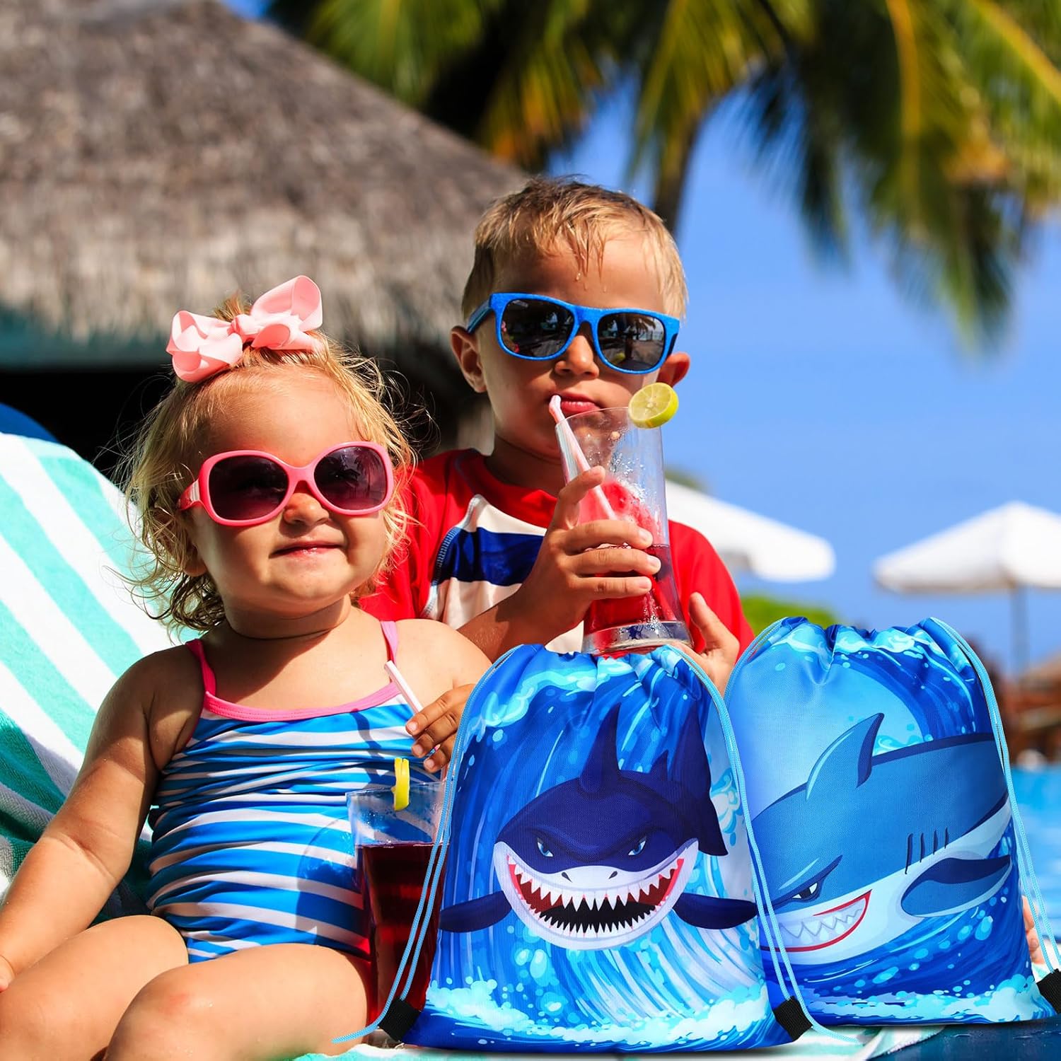 Marsui 24 Pcs Shark Drawstring Bags for Kids Summer Party