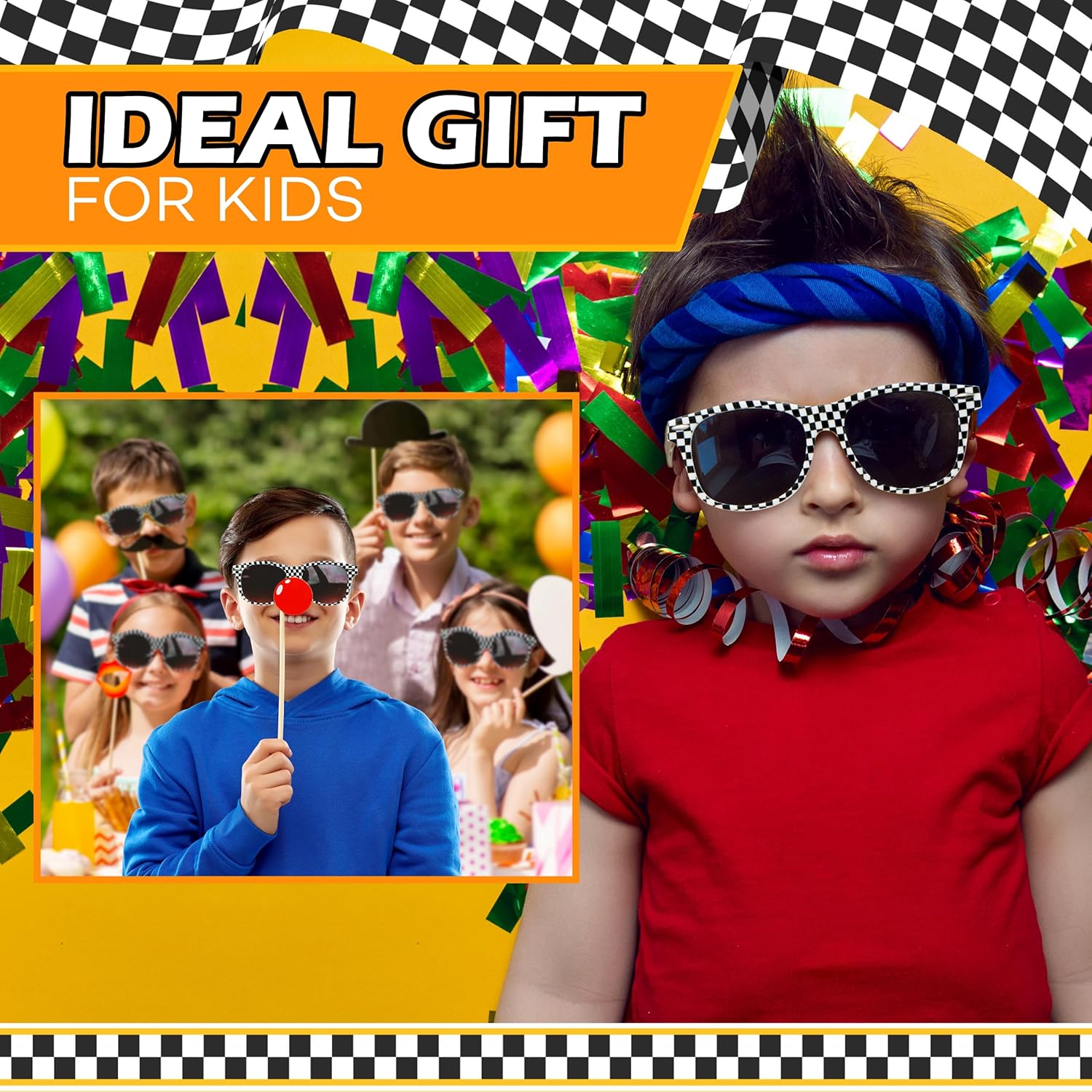 4Es Novelty Race Car Checkered Sunglasses for Kids 12 Pack