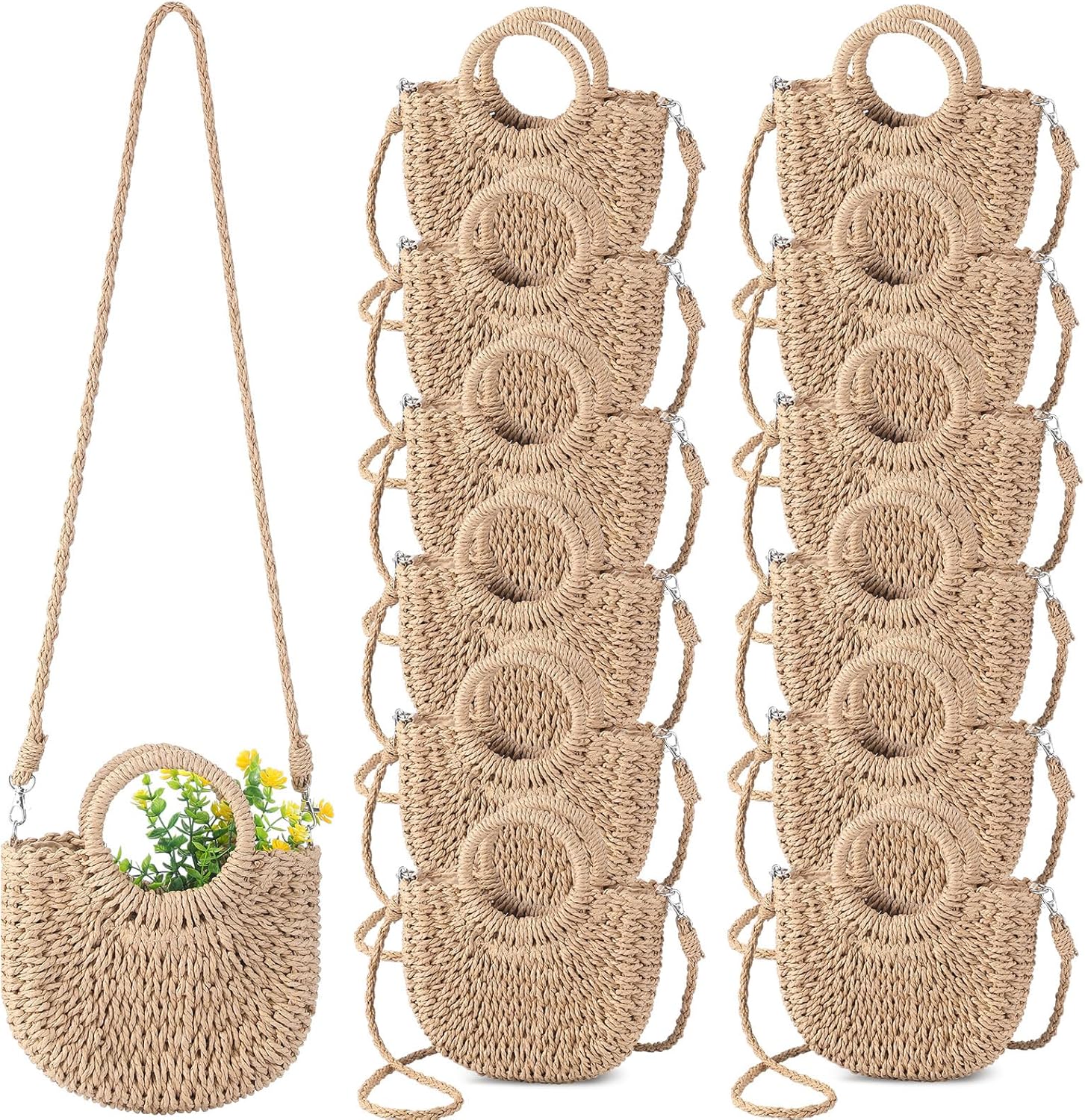 Oudain 12 Pcs Semi Wedding Straw Bags with Handles