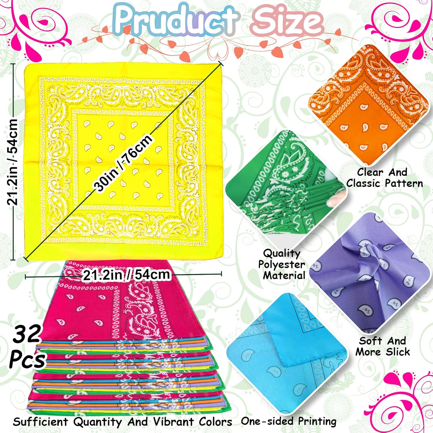 ILHSTY 32 Pcs Neon Paisley Bandanas for Men Women