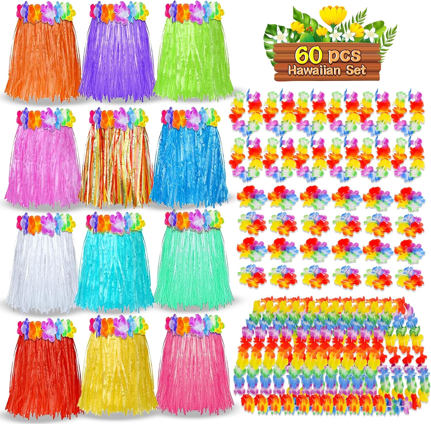 Pistroy 60 Pcs Hawaiian Luau Hula Skirt Decorations Set