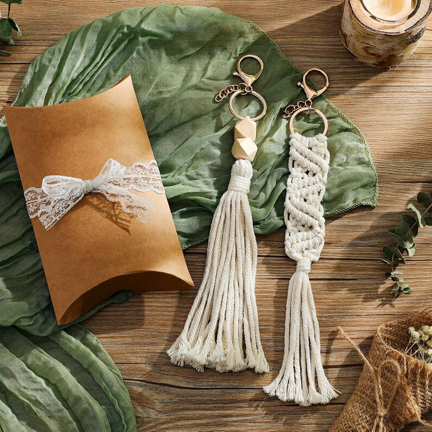 Nosiny 24 Piece Boho Macrame Keychain Set Beige