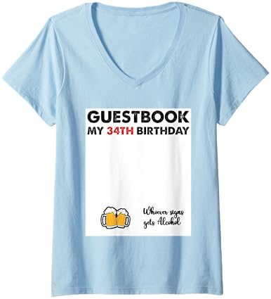 Funny 34th Birthday Guestbook V-Neck T-Shirt for Women