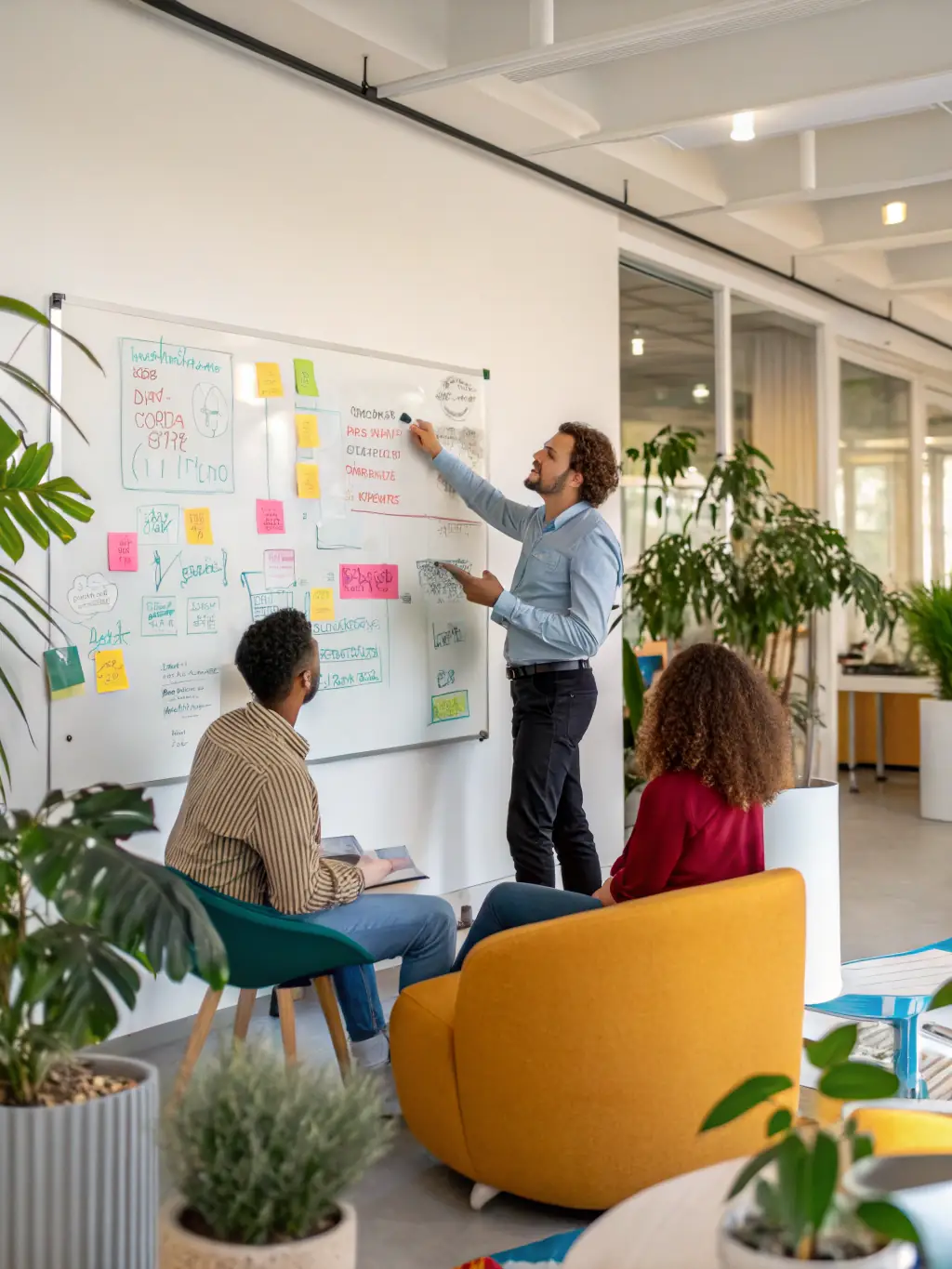 A team of consultants brainstorming around a table, with sticky notes and charts illustrating process optimization strategies.