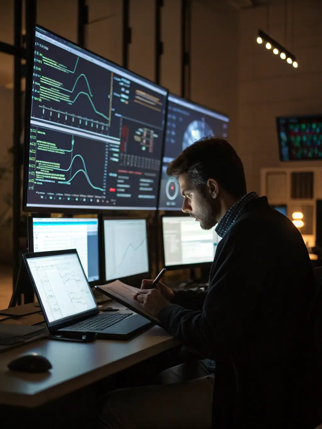 A cybersecurity expert analyzing network traffic on multiple monitors, identifying potential threats and vulnerabilities.