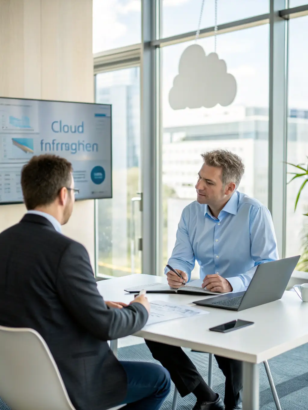 A consultant presenting a cloud migration plan to a client, highlighting the benefits of scalability and cost savings.
