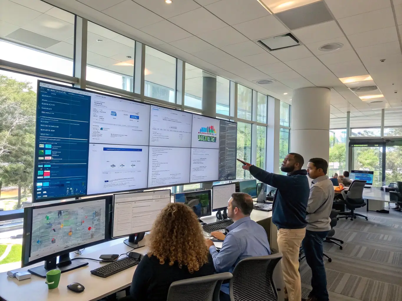 A high-angle shot of a diverse team collaborating on a project, with laptops and tablets displaying data analytics dashboards.