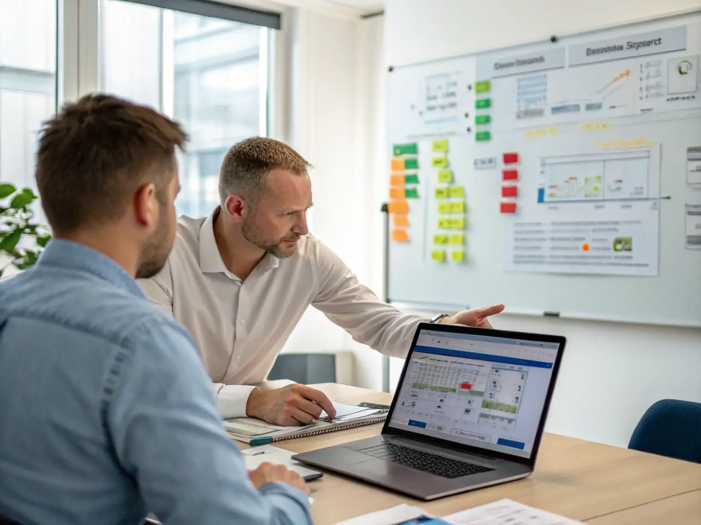 An image depicting a consultant analyzing workflow charts and discussing improvements with a client in a modern office setting.