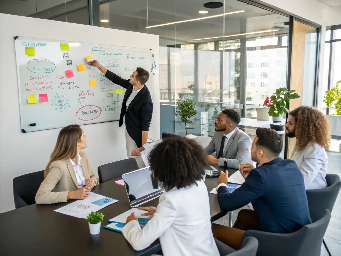 An image showcasing a team of consultants working together on a digital transformation project, brainstorming ideas and analyzing data on a large screen.