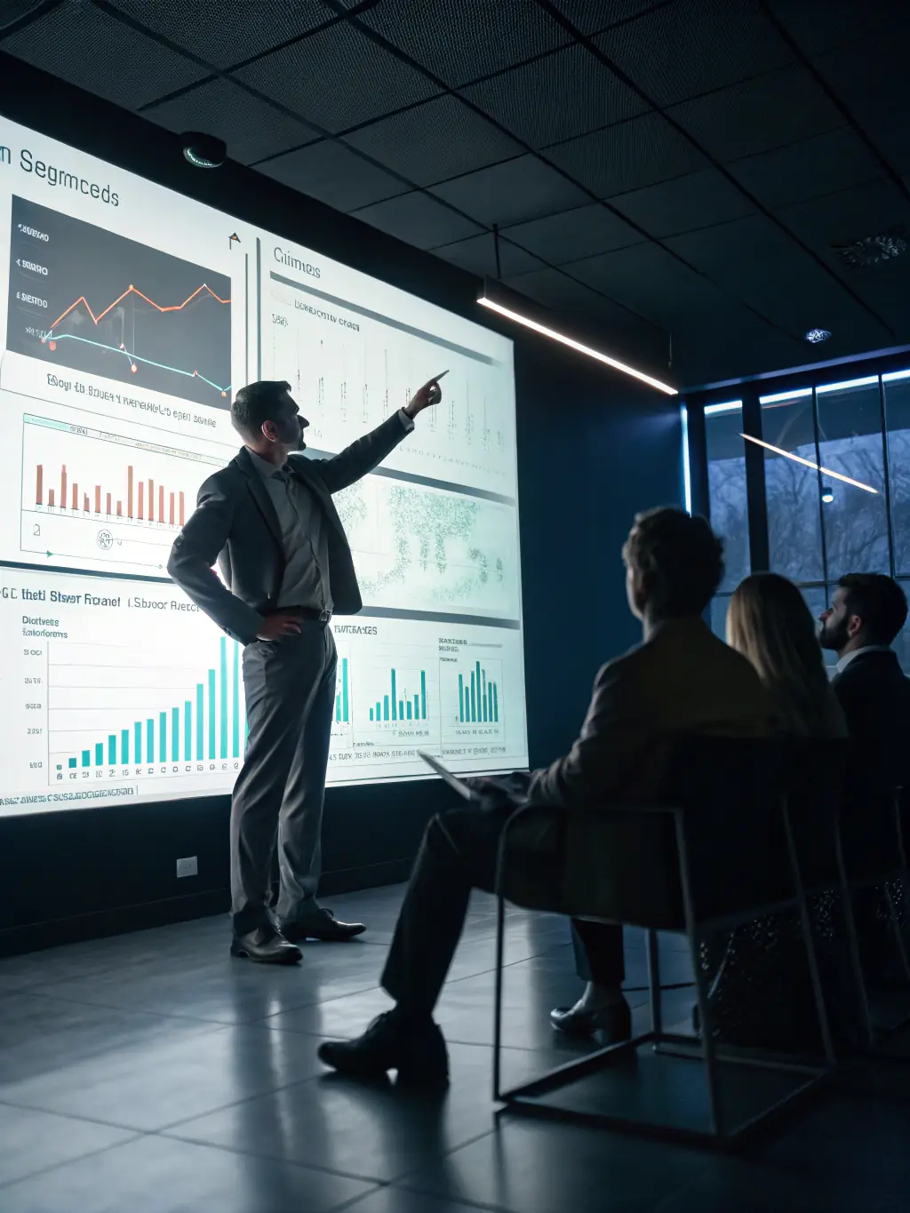 A consultant in a suit, holding a tablet and pointing at a digital dashboard projected in the air, showcasing data analytics and insights for a client.
